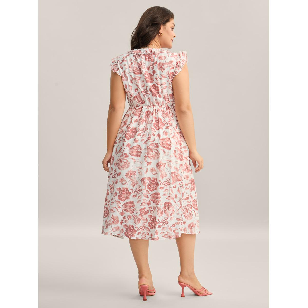 Plus Size Monochrome Floral Print Ruffled Midi Dress Rouge Women Overlap Collar Sleeveless Curvy BloomChic 28/5X Product Image