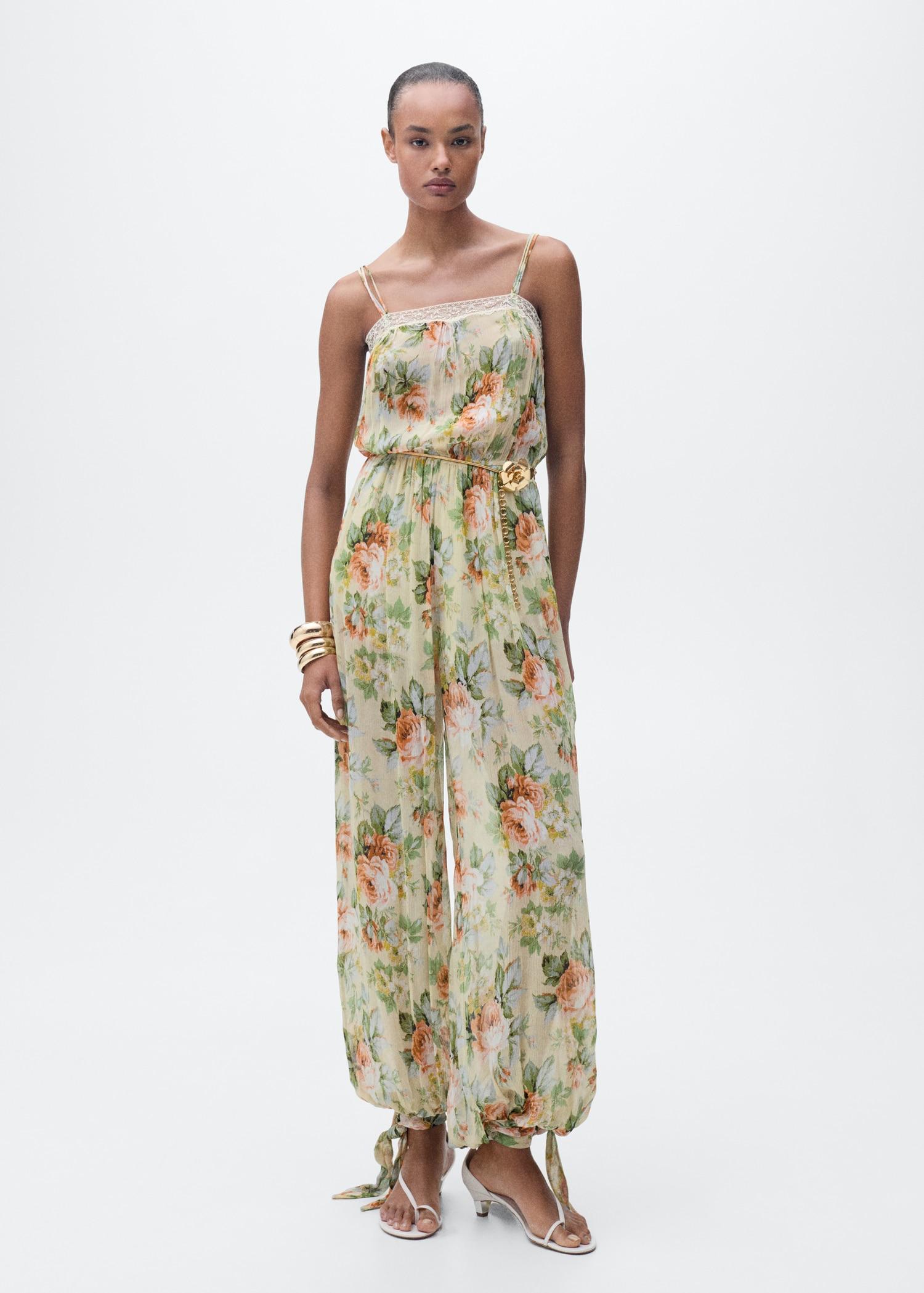Long floral jumpsuit with puffed hem - Women | MANGO USA Product Image