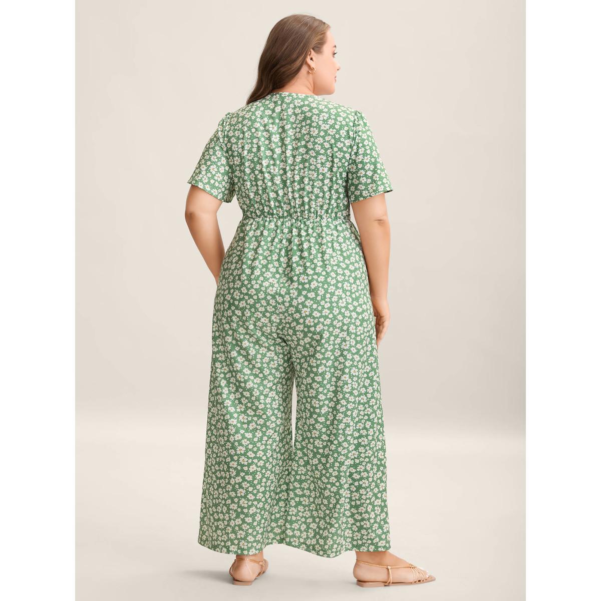 Plus Size Greenbean Floral Print Pockets Wide-Leg Jumpsuit Women Elegant Short sleeve Round Neck Everyday-Elegant Loose Jumpsuits BloomChic 22-24/3X Product Image