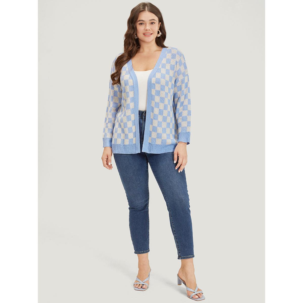 Plus Size Plaid Print Open Front Elastic Cuffs Cardigan LightBlue Women Casual Loose Long Sleeve Dailywear Cardigans BloomChic 22-24/3X Product Image