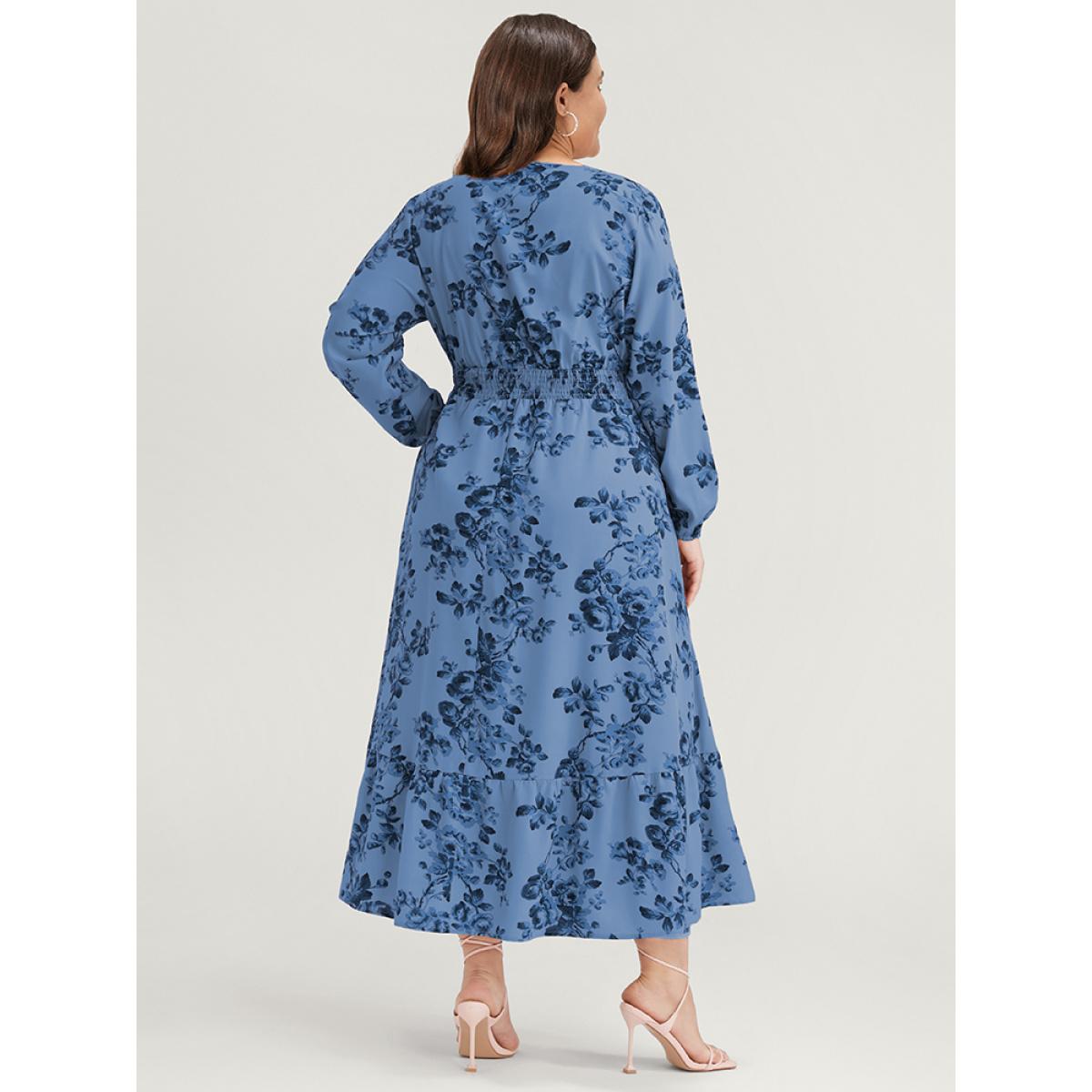 Plus Size Floral Wrap Lantern Sleeve Pocket Shirred Ruffle Hem Dress Cerulean Women Elegant Pocket V-neck Long Sleeve Curvy Midi Dress BloomChic 30/6X Product Image