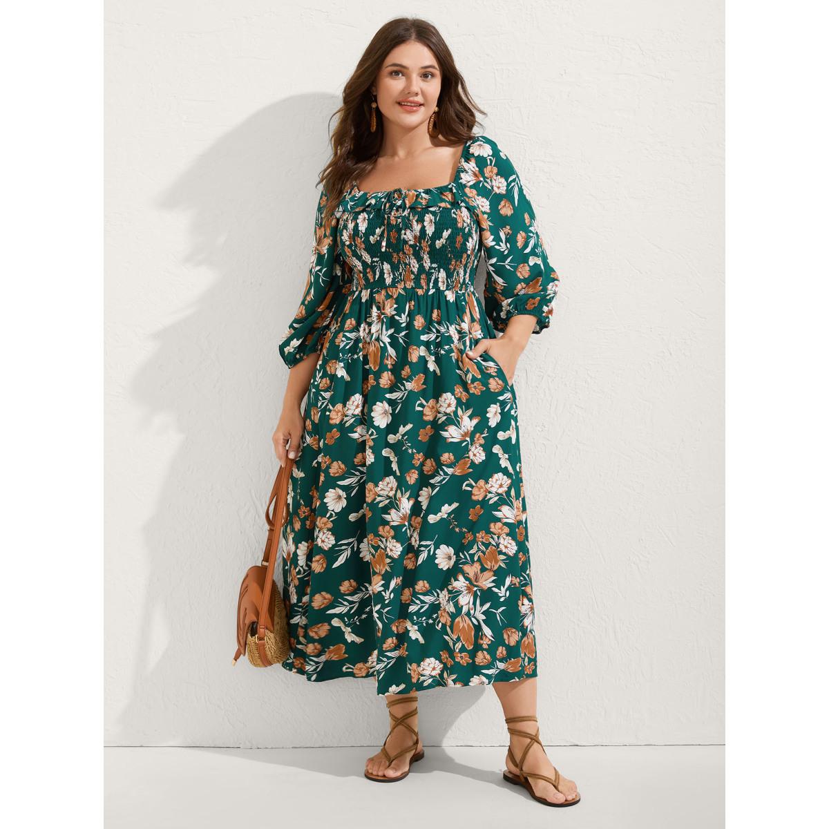 Plus Size Rayon Floral Shirred Stretchy Waist Midi Dress Cyan Women Romantic Square Neck Elbow-length sleeve Curvy BloomChic 28/5X Product Image