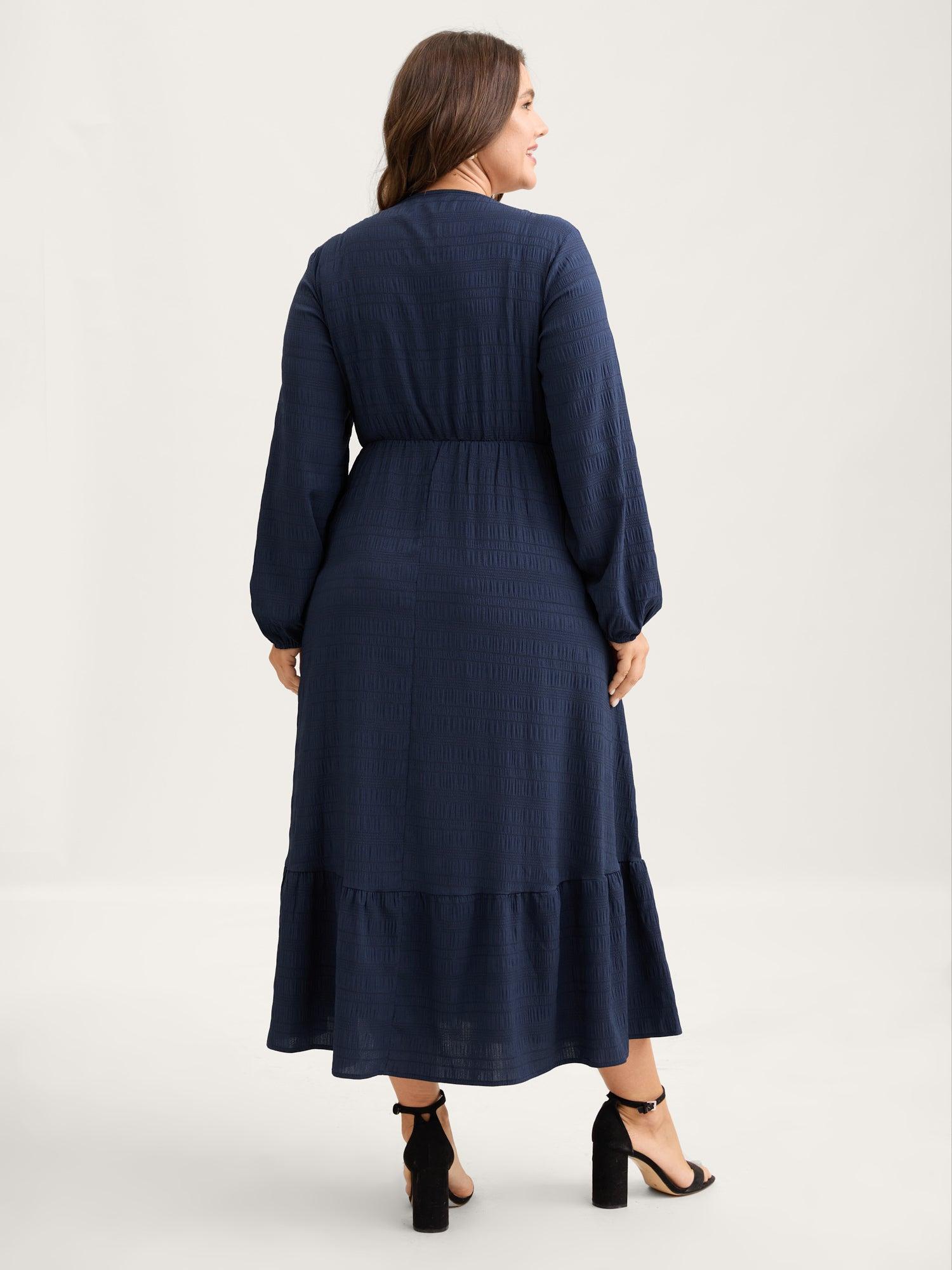 Solid Shirred Plisse Flutter Hem Dress Female Product Image