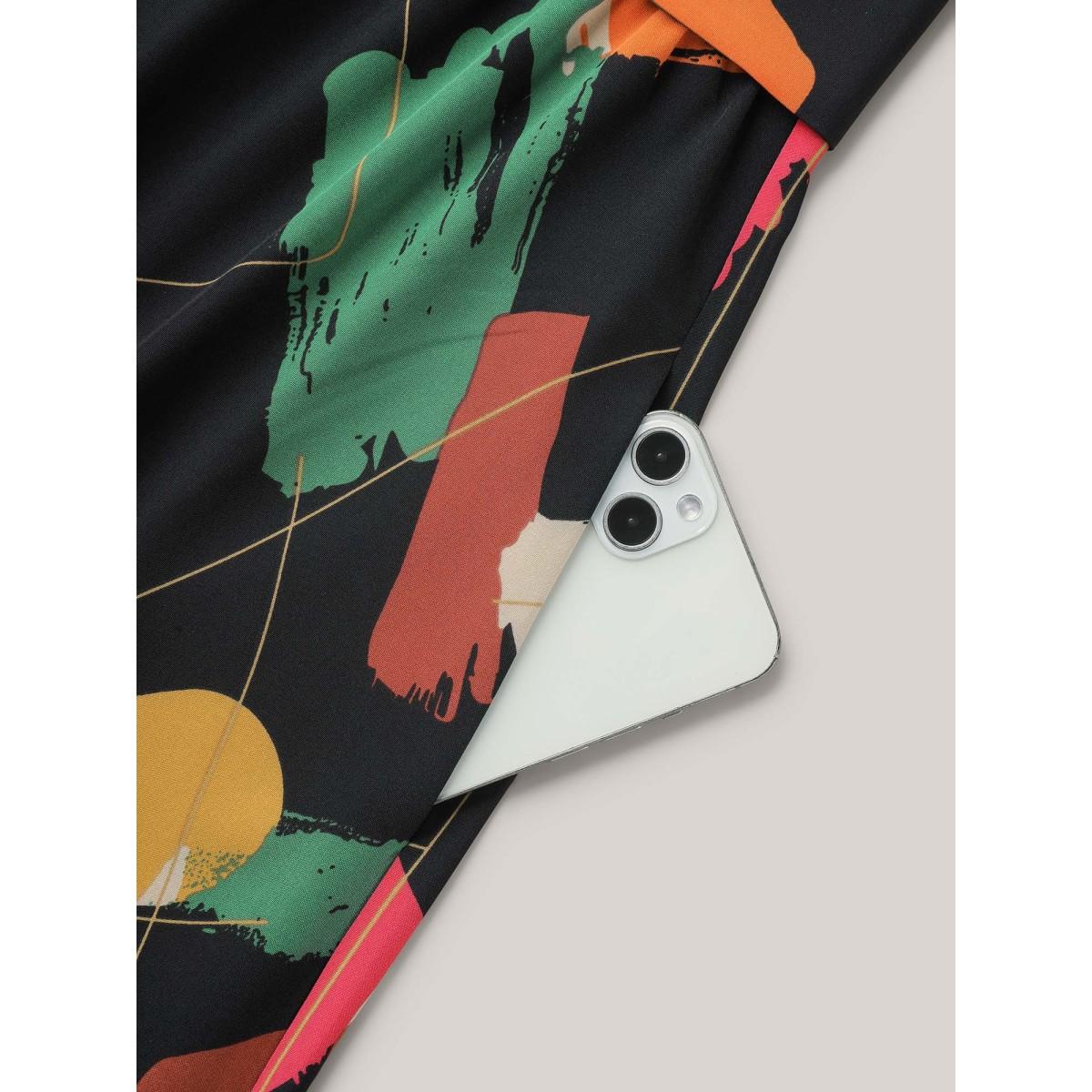 Plus Size Color Brush Print Stretchy Waist Midi Dress BlackFlower Women Elegant Belted Shirt collar Short sleeve Curvy BloomChic 18-20/2X Product Image