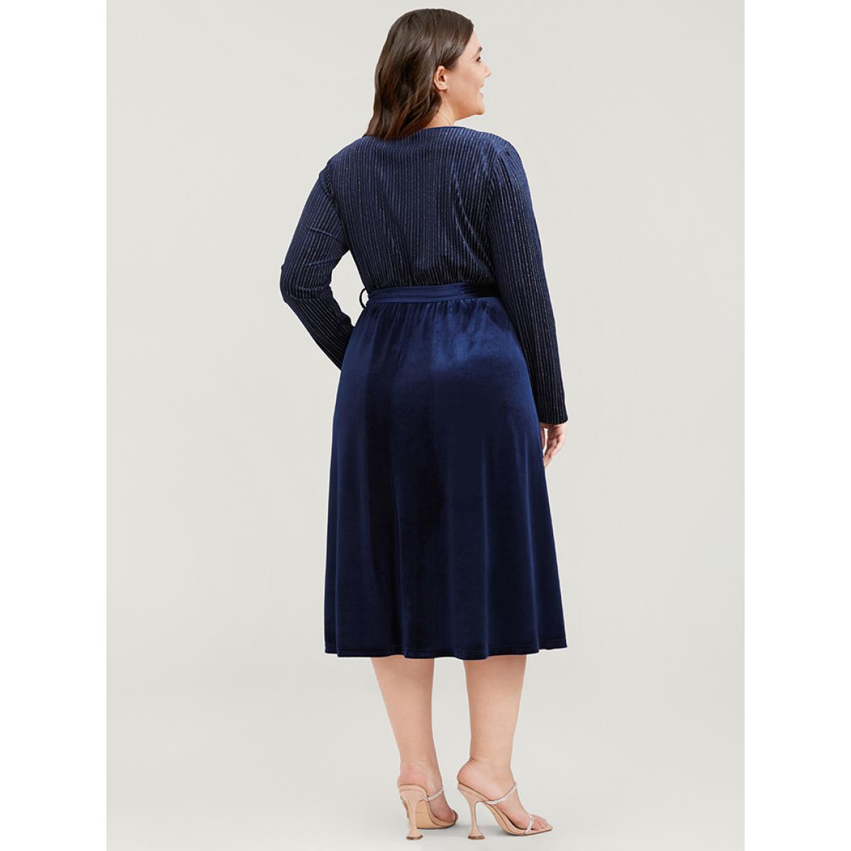 Plus Size Glitter Striped Patchwork Surplice Neck Pocket Belted Velvet Dress Indigo Women Party Belted V-neck Long Sleeve Curvy Midi Dress BloomChic 10/M Product Image