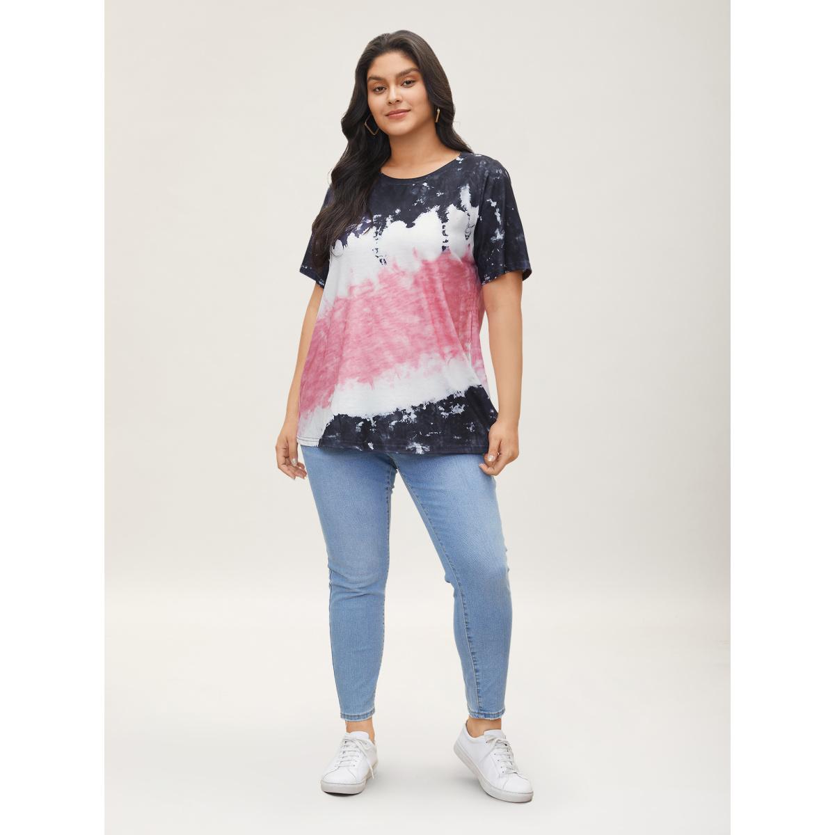 Plus Size Tie Dye Round Neck T-shirt Multicolor Women Leisure Tie Dye Round Neck Casual T-shirts BloomChic 10/M Product Image