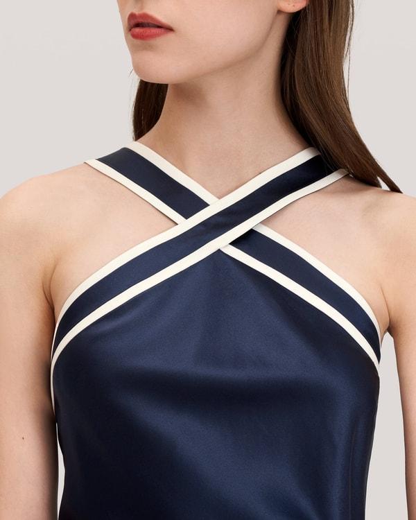 Glossy Camellia Silk Halter-Neck Dress Product Image