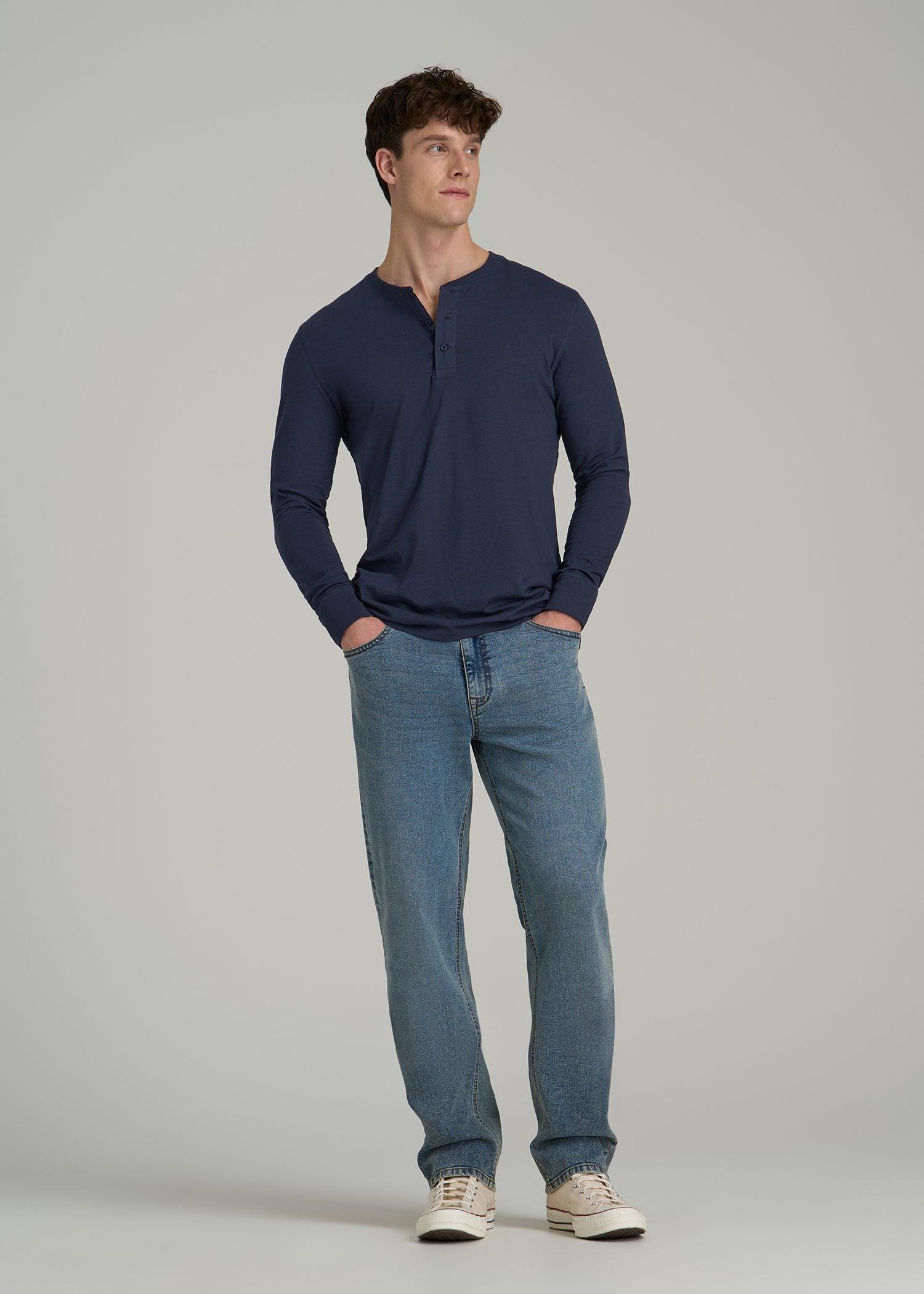 Three-Button Long Sleeve Slub Henley for Tall Men in Navy Male Product Image