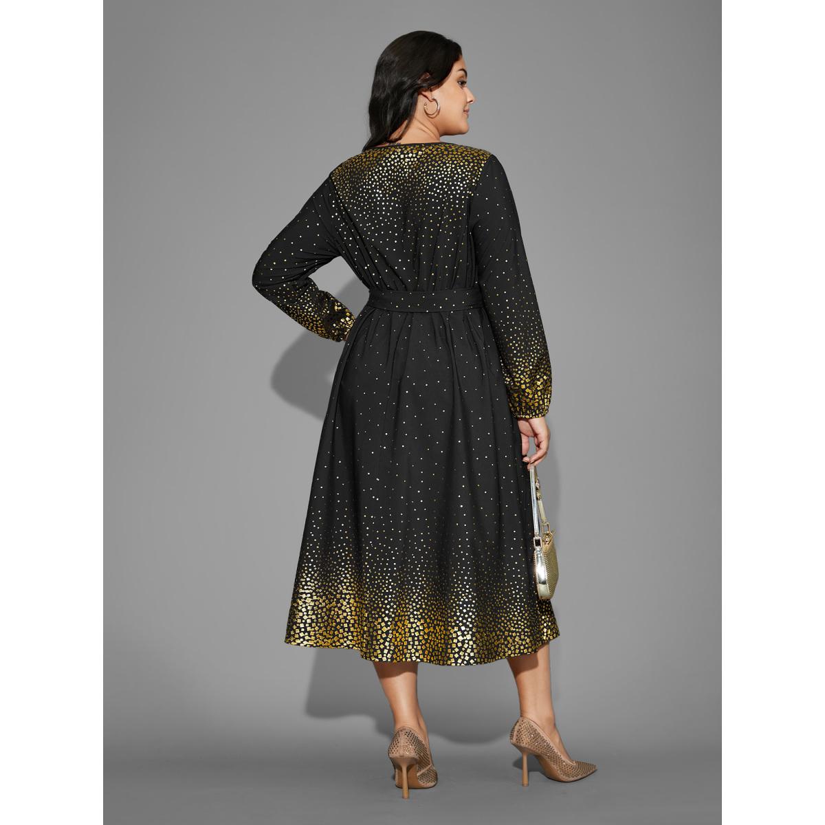 Plus Size Glitter Round Neck Belted Lantern Sleeve Dress Plum Women Party&Cocktail Texture Party Curvy Bloomchic 10/M Product Image