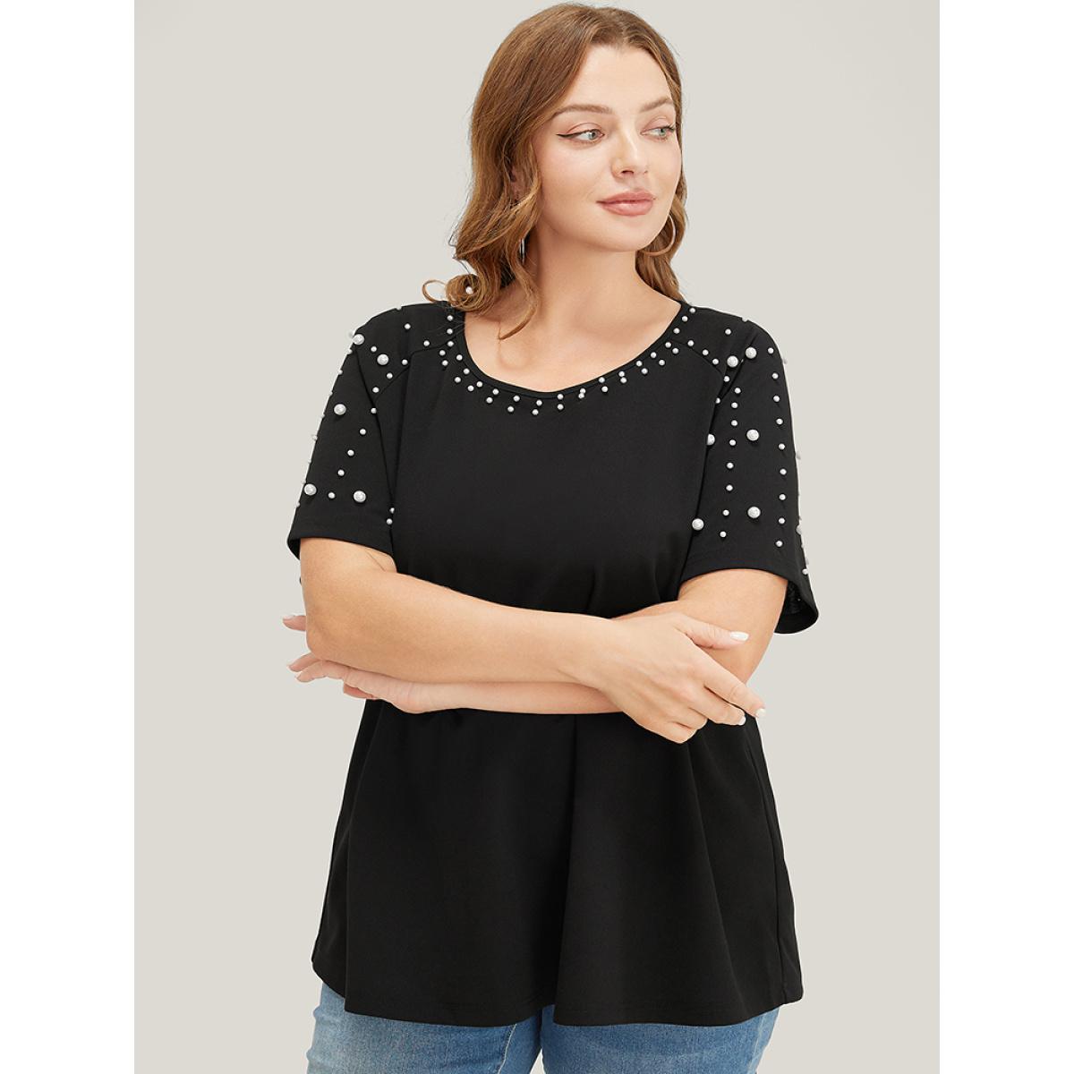 Plus Size Solid Raglan Sleeve Pearl Beaded T-shirt Black Women Elegant Beaded Plain Round Neck Dailywear T-shirts BloomChic 12/L Product Image