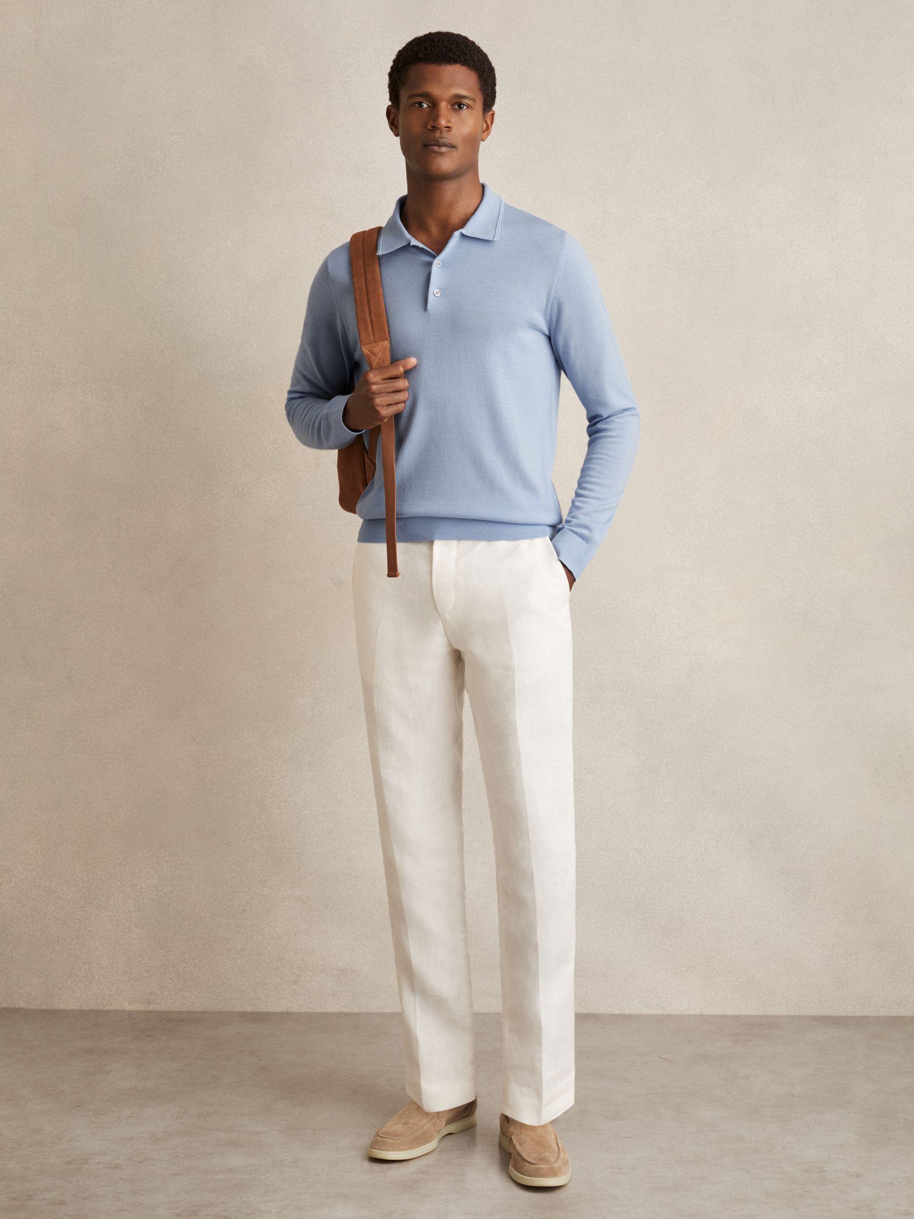 Merino Wool Long Sleeve Polo Shirt in Soft Blue Product Image