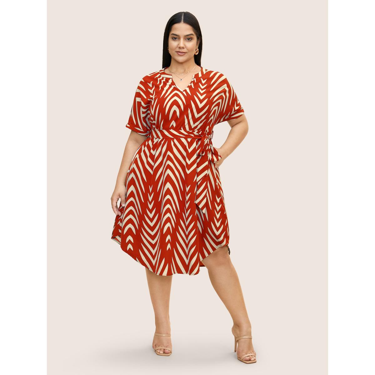 Plus Size Geometric Belted Dolman Sleeve Curved Hem Dress Rust Women At the Office Flat collar with V-notch Short sleeve Curvy BloomChic 10/M Product Image