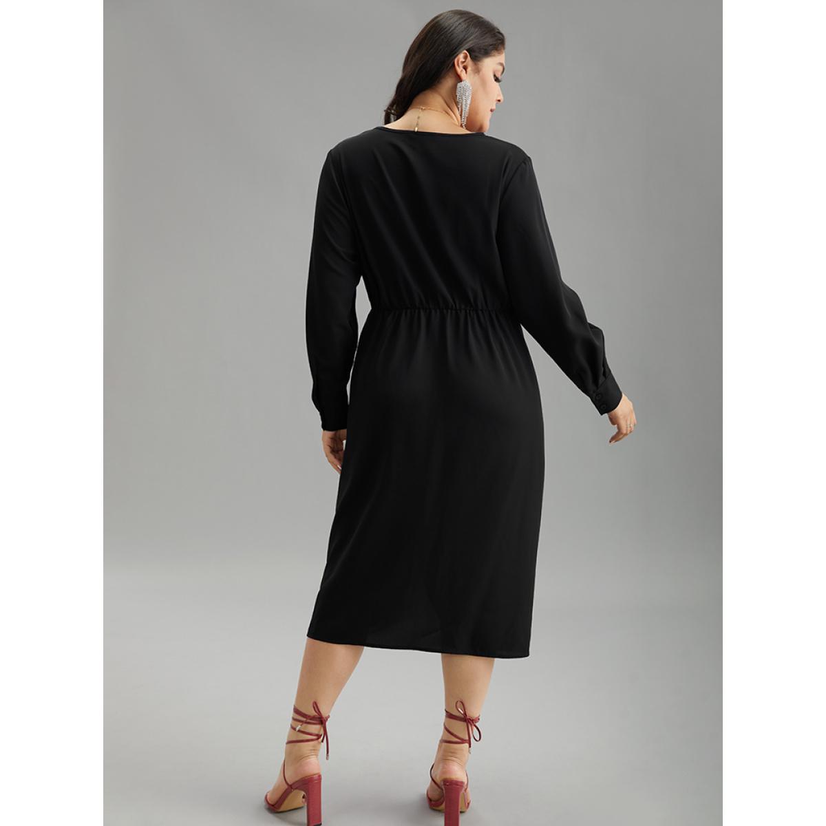 Plus Size Static-Free Solid Plicated Detail Wrap Dress Black Women Glamour Plain V-neck Long Sleeve Curvy Midi Dress BloomChic 10/M Product Image
