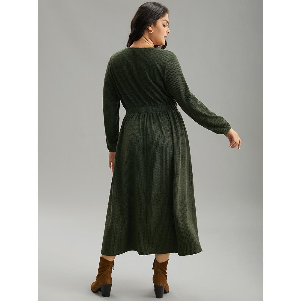 Plus Size Plain Plisse Elastic Cuffs Midi Dress ArmyGreen Women Elegant Elastic cuffs V-neck Long Sleeve Curvy Midi Dress BloomChic 26/4X Product Image