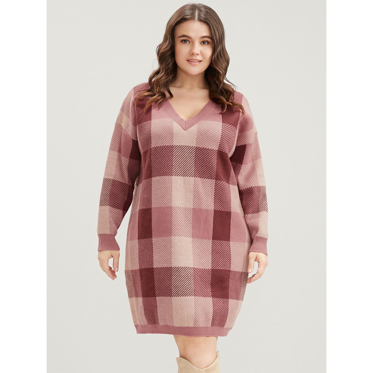 Plus Size Plaid Contrast Pointelle Knit V Neck Sweater Dress Burgundy Women Elegant Long Sleeve Dailywear Sweater Dresses BloomChic 26/4X Product Image