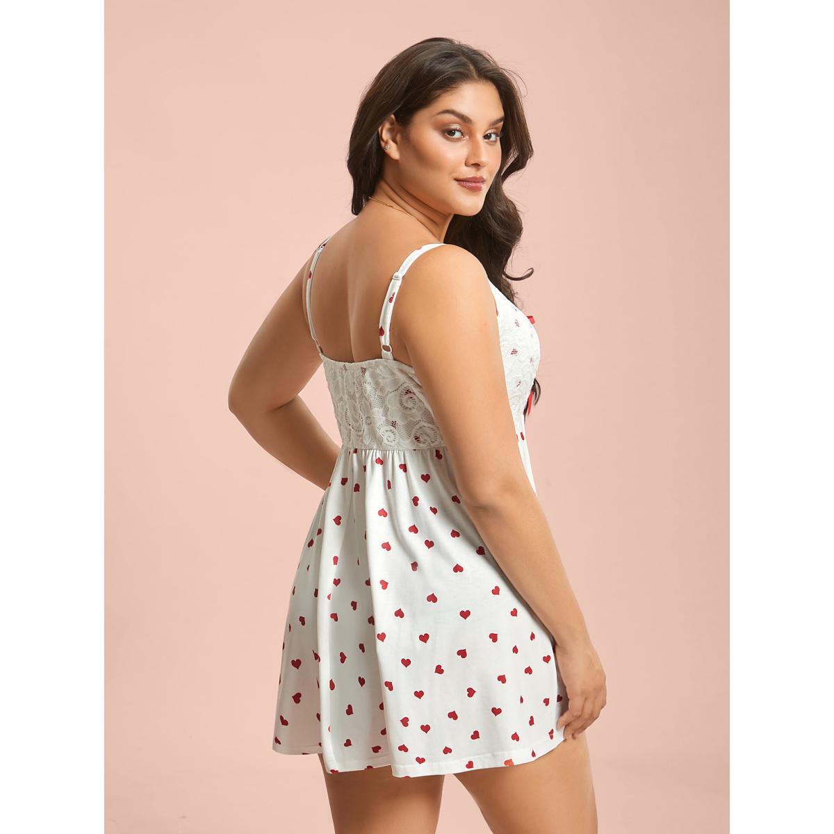 Plus Size Bow Lace Heart Print Lounge Dress Women Originalwhite Leisure Woven ribbon&lace trim V-neck Loungewear BloomChic 12/L Product Image