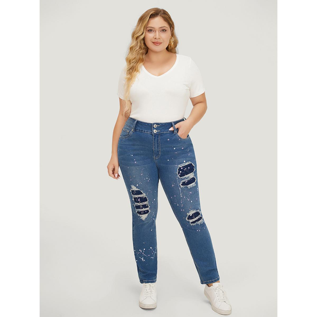 Plus Size Very Stretchy High Rise Medium Wash Paint Patched Jeans Women Blue Casual Plain Printed High stretch Pocket Jeans BloomChic 22/3X Product Image