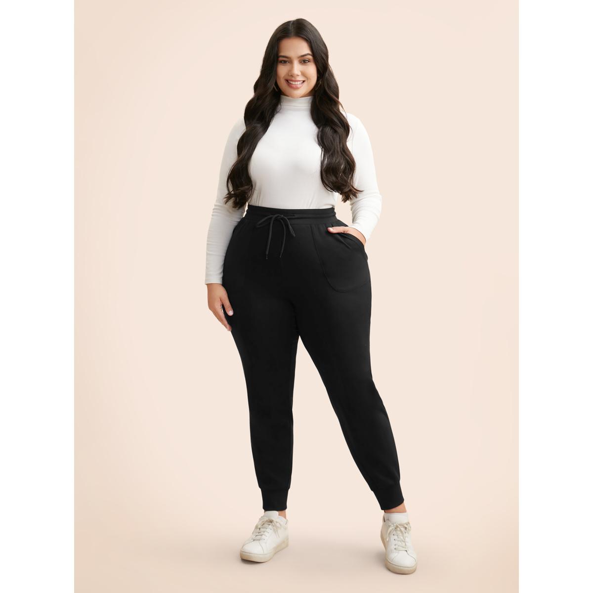 Plus Size Plain Drawstring Medium Stretch Pants Women Black Casual Mid Rise Everyday Pants BloomChic 18-20/2X Product Image