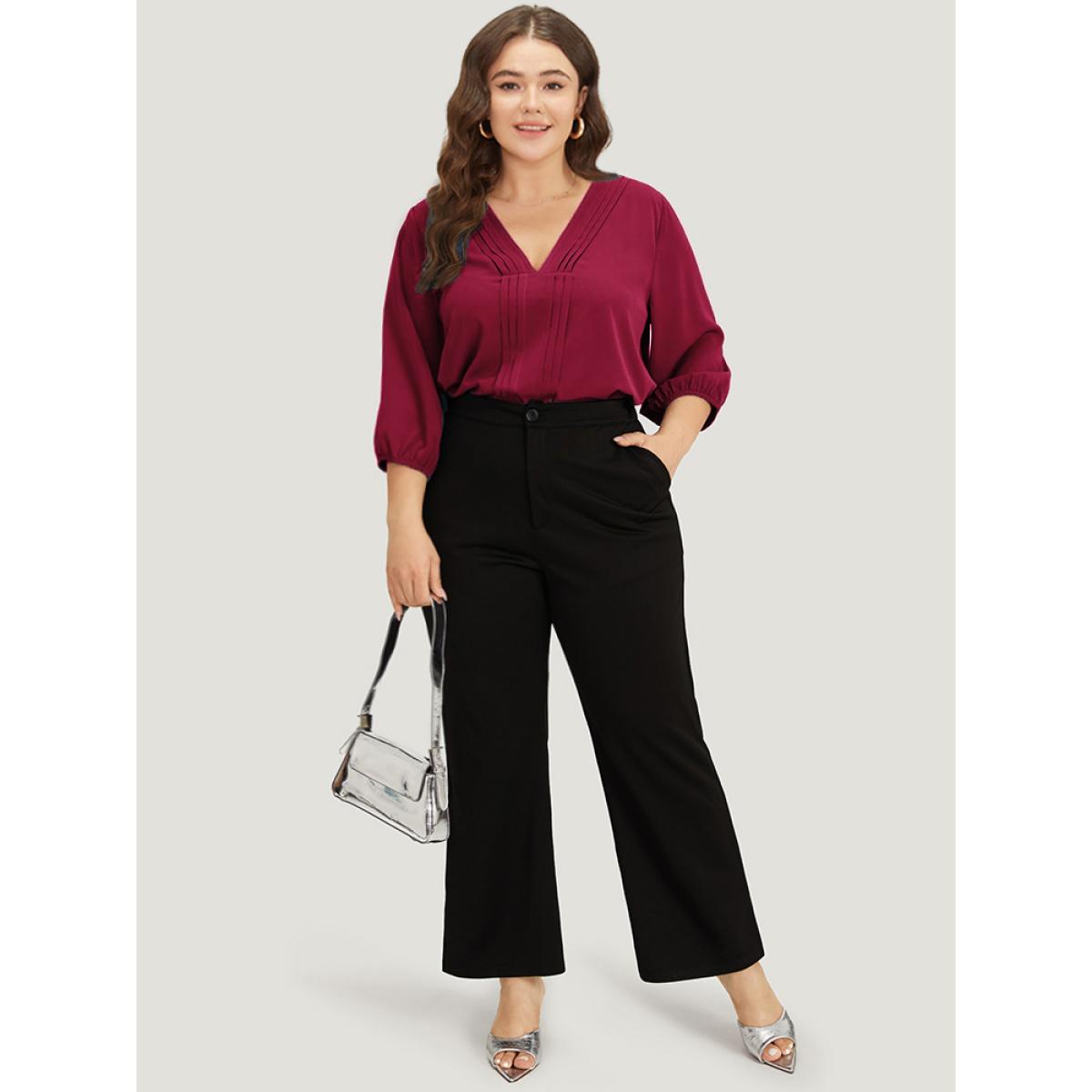 Plus Size Scarlet Plain Pleated Detail Elastic Cuffs V Neck Blouse Women Office Elbow-length sleeve V-neck Work Blouses BloomChic 18-20/2X Product Image