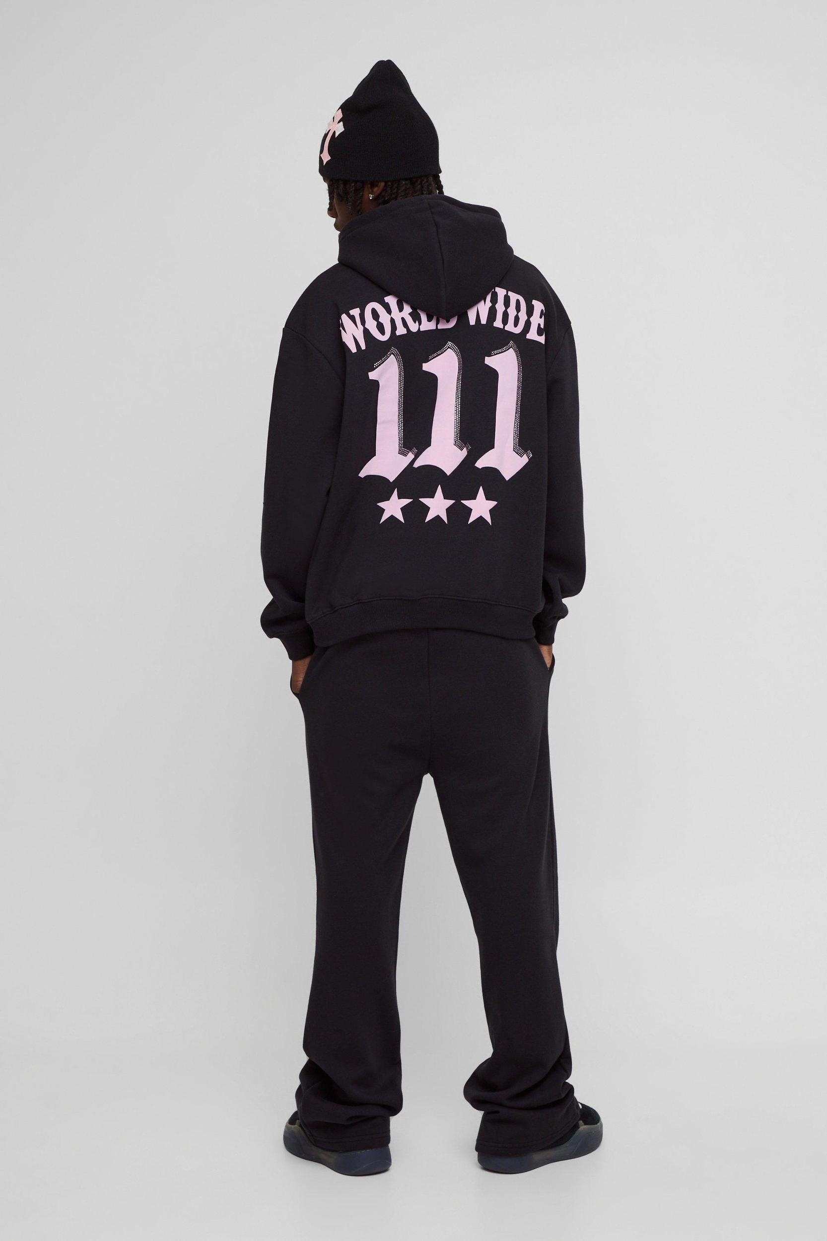 Oversized Moto Puff & Diamante Print Hooded Tracksuit | boohooMAN USA Product Image