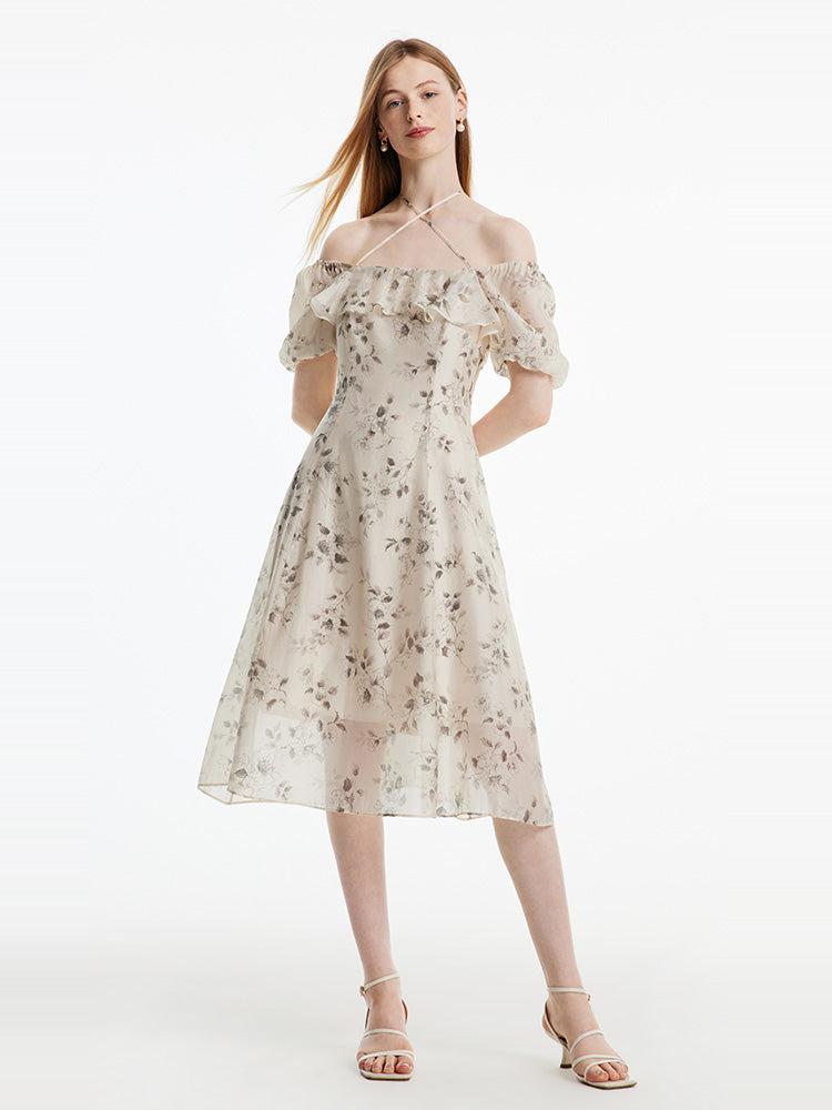 Halter Neck Lace-up Print Midi Dress Product Image