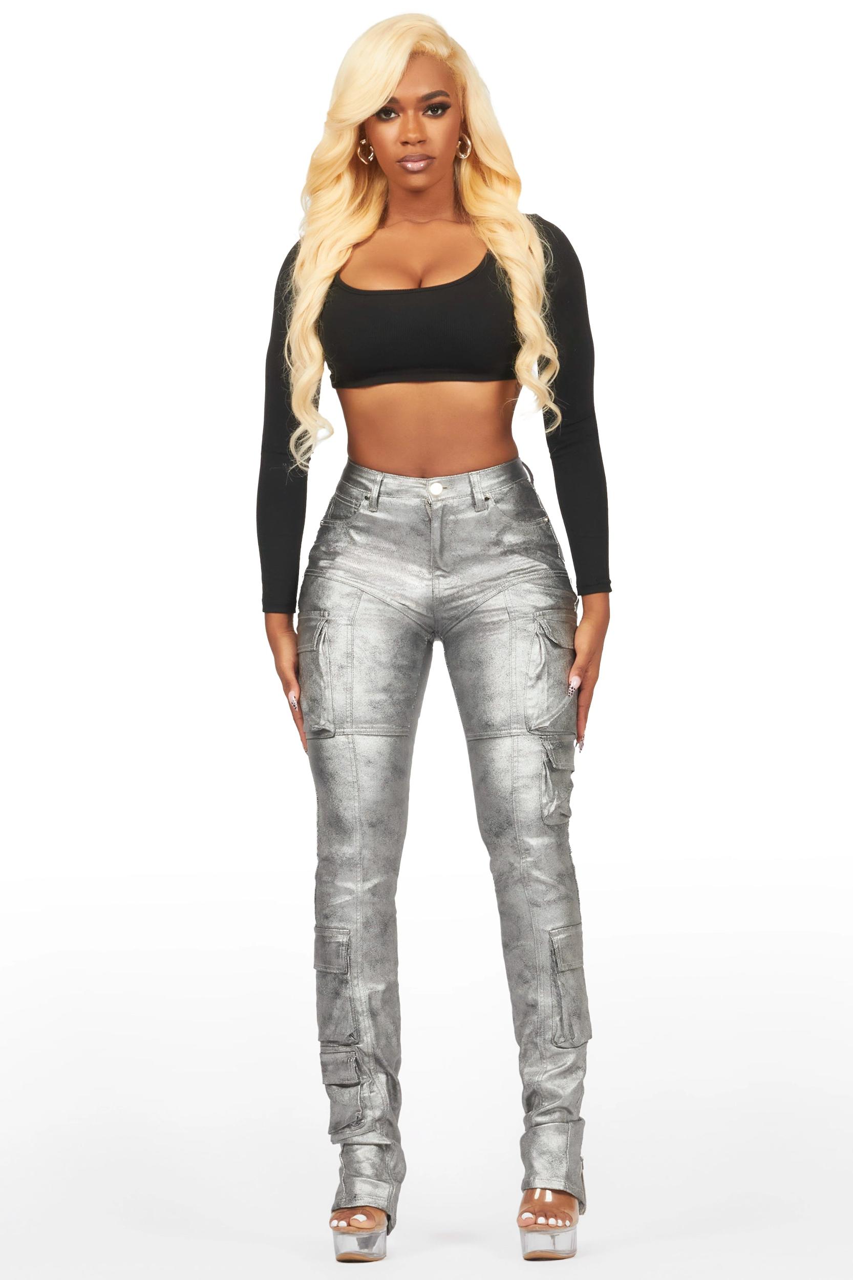 Teeoina Silver Coated Black Skinny Stacked PU Pant Female Product Image