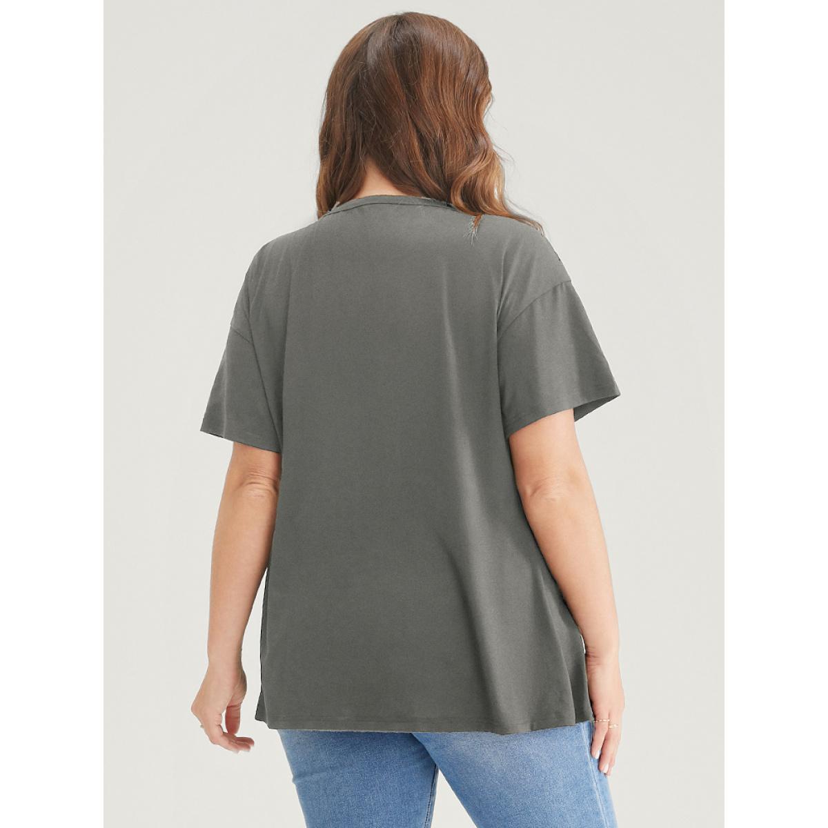 Plus Size Plain Surplice Neck Button Detail T-shirt DimGray Women Elegant Plain V-neck Dailywear T-shirts BloomChic 18-20/2X Product Image