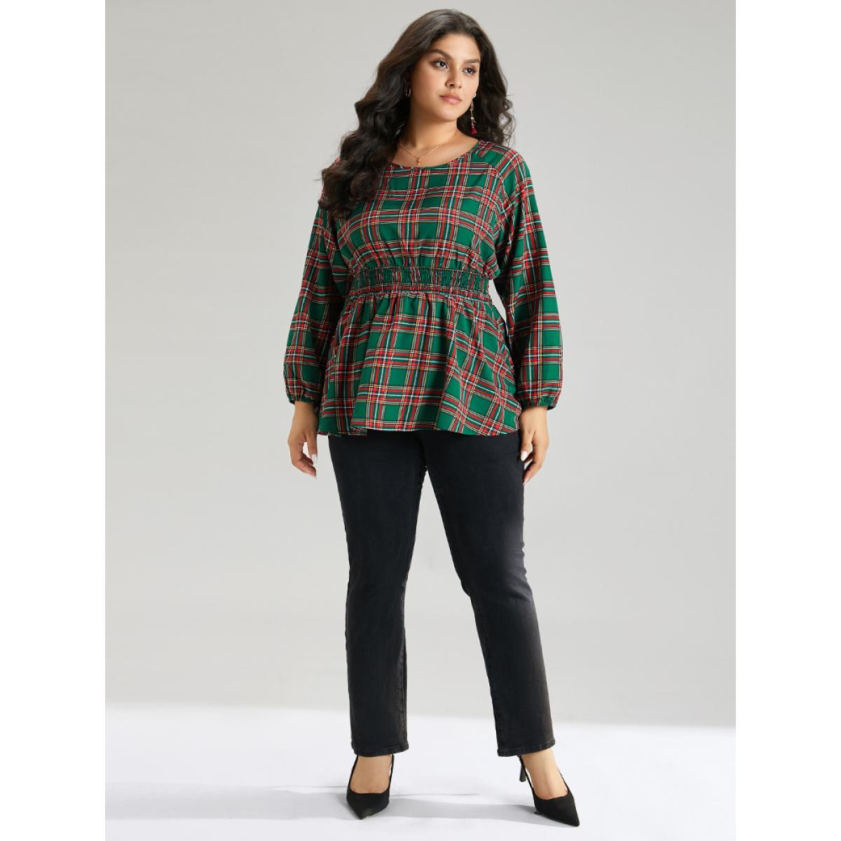 Plus Size Green Christmas Plaid Shirred Ruffle Hem Blouse Women Elegant Long Sleeve Round Neck Festival-Christmas Blouses BloomChic 12/L Product Image