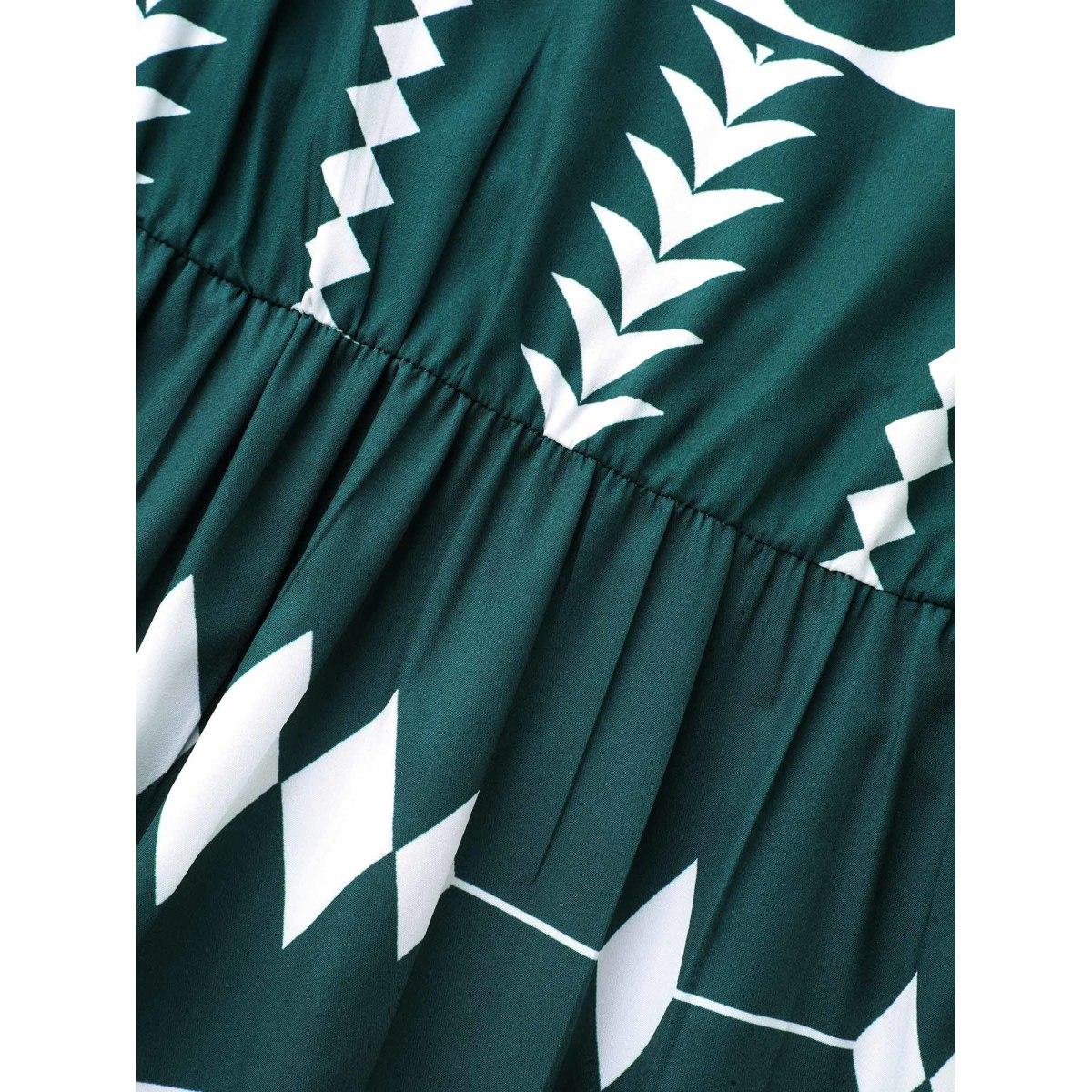 Plus Size Geometric Pattern Elastic Waist Midi Dress Cyan Women Resort Non Flat collar with V-notch Elbow-length sleeve Curvy BloomChic 22-24/3X Product Image