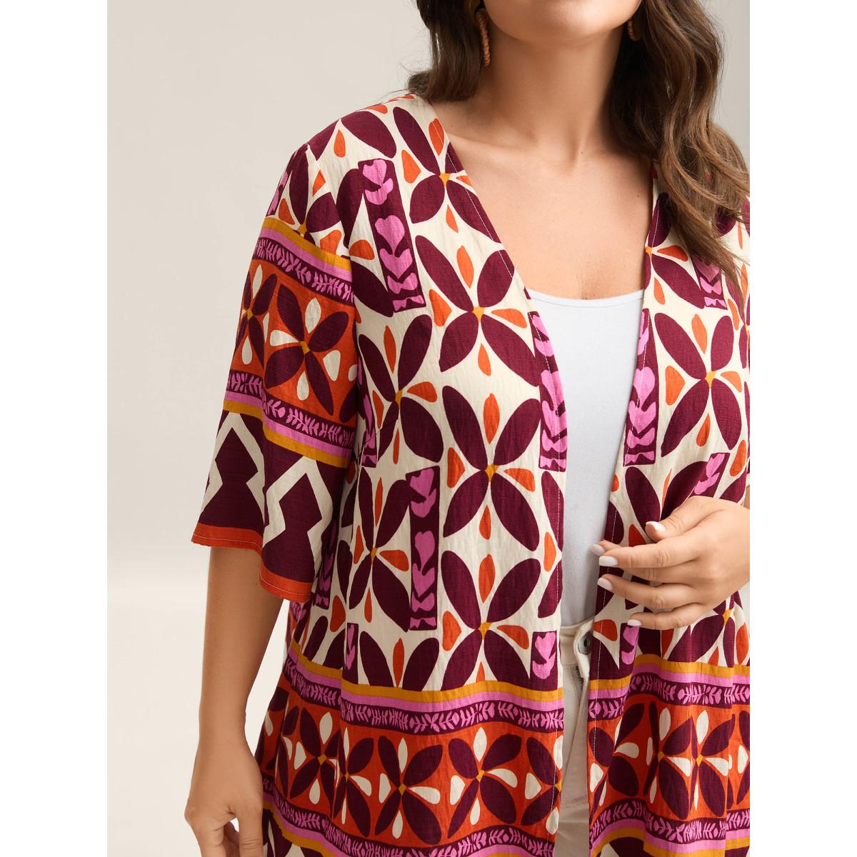 Plus Size Boho Print Open-Front Kimono Women Multicolor Contrast Loose Vacation Kimonos BloomChic 22-24/3X Product Image
