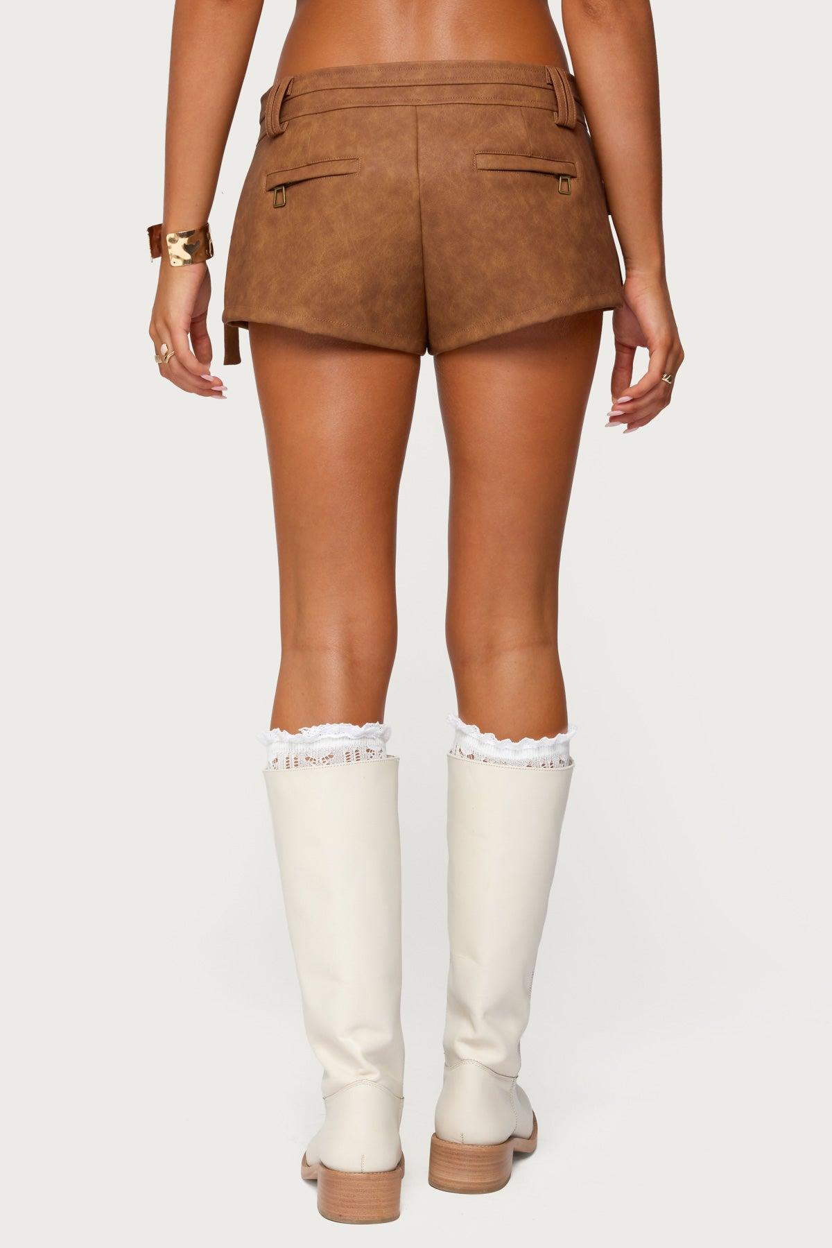 Washed Faux Leather Micro Cargo Shorts Product Image