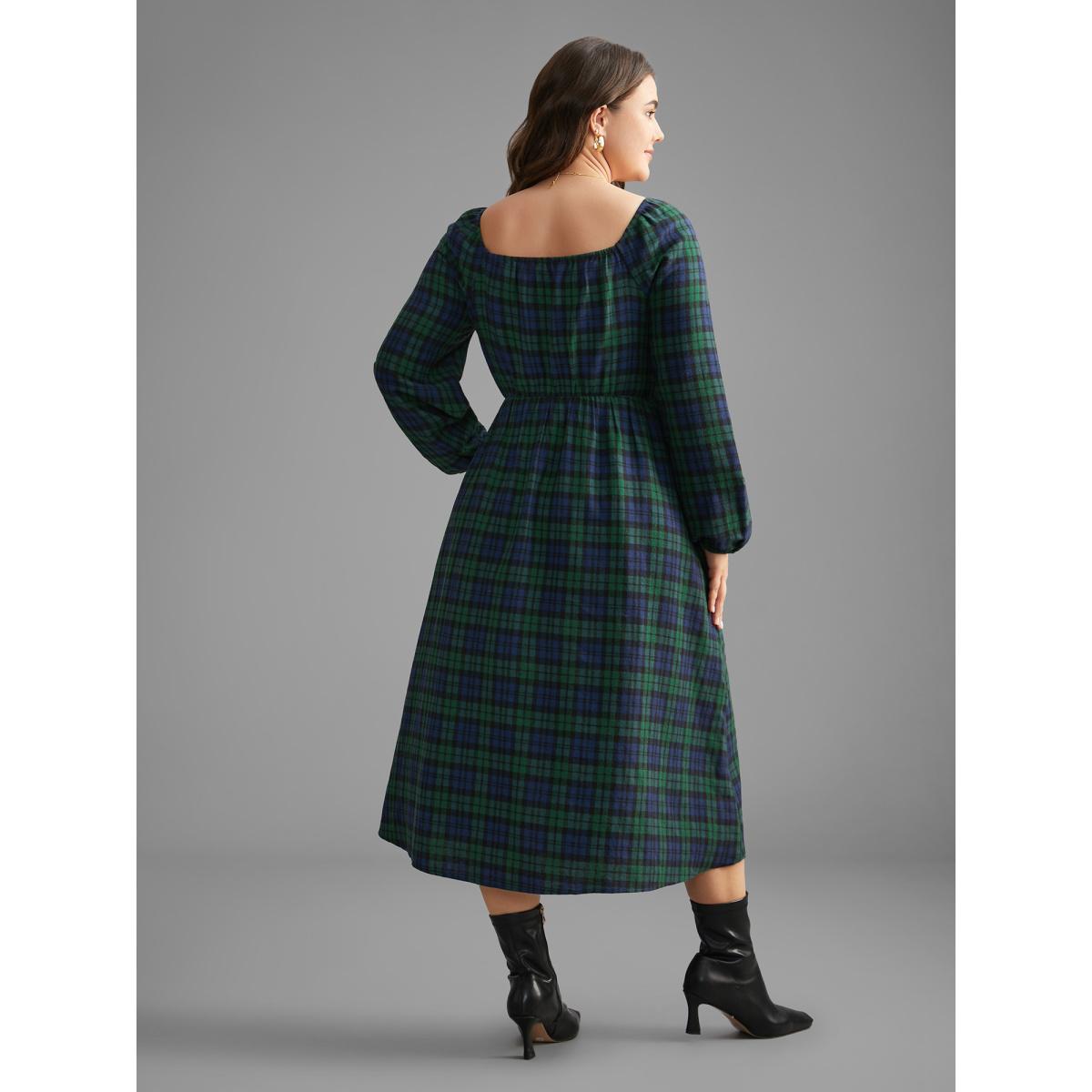 Plus Size Plaid Square Neck Shirred Midi Dress DarkGreen Women Elegant Shirred Square Neck Long Sleeve Curvy BloomChic 14-16/1X Product Image