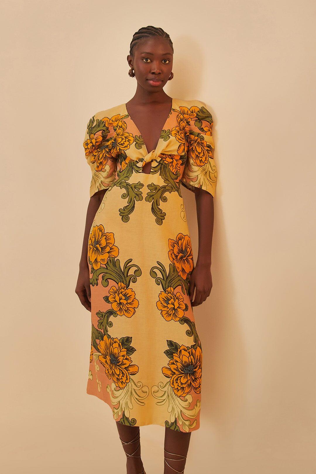 Cream Delicate Flower Arabesques Euroflax™ Premium Linen Midi Dress Product Image