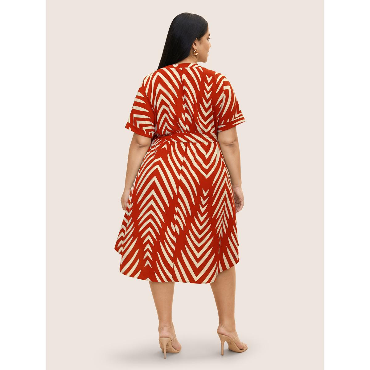 Plus Size Geometric Belted Dolman Sleeve Curved Hem Dress Rust Women At the Office Flat collar with V-notch Short sleeve Curvy BloomChic 10/M Product Image