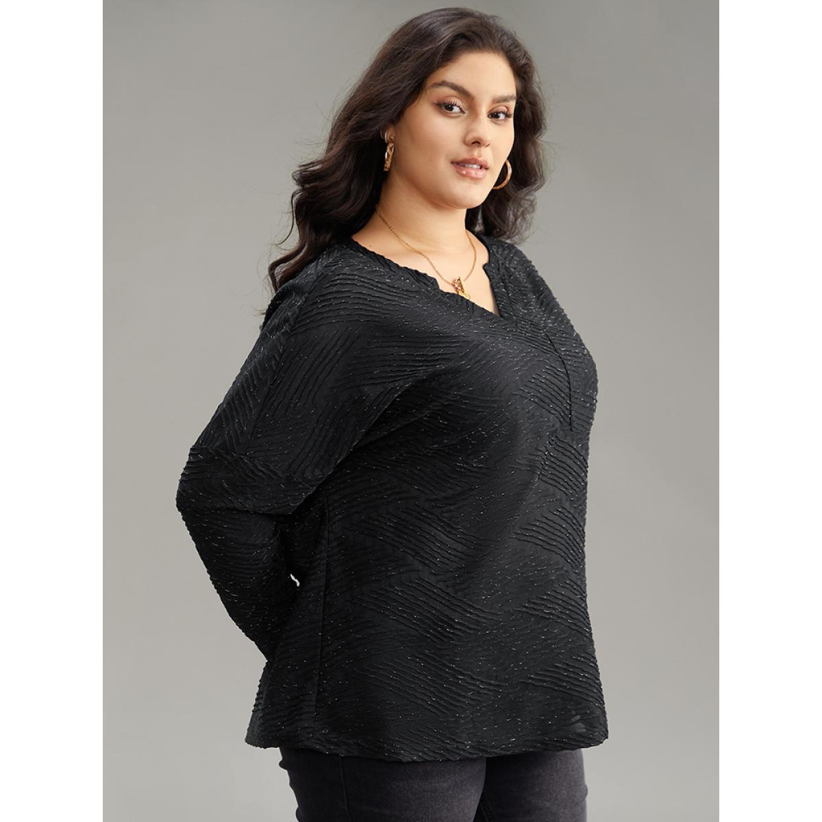 Plus Size Plisse Solid Notched Long Sleeve T-shirt Black Women Casual Texture Plain Notched collar Dailywear T-shirts BloomChic 12/L Product Image