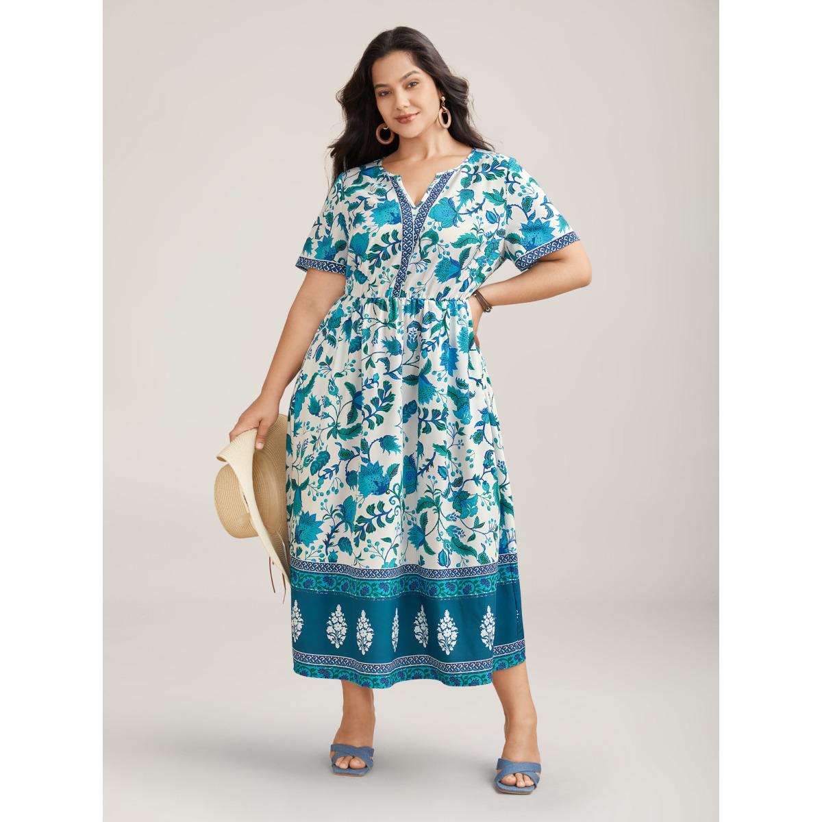 Plus Size Boho Print Notched Collar Midi Dress Teal Women Boho Non Flat collar with V-notch Short sleeve Curvy BloomChic 26/4X Product Image