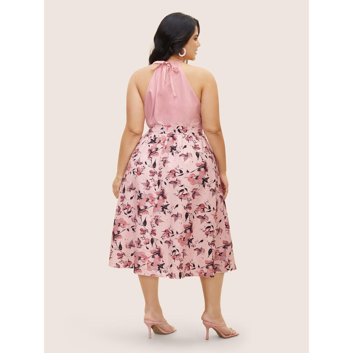 Plus Size Halter Neck Floral Patchwork Midi Dress Nudepink Women Elegant Belted Halter neck Sleeveless Curvy BloomChic 28/5X Product Image