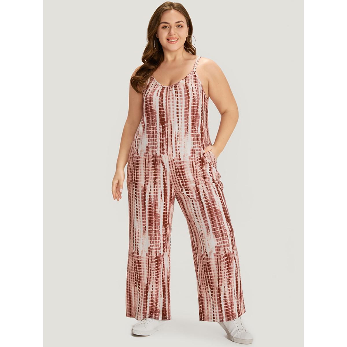 Plus Size Rouge Tie Dye Striped Pocket Backless Cami Jumpsuit Women Casual Sleeveless Spaghetti Strap Dailywear Loose Jumpsuits BloomChic 26/4X Product Image