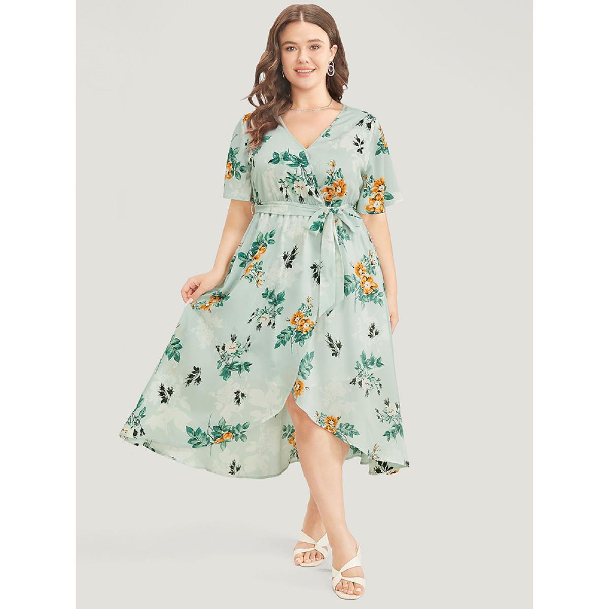 Plus Size Floral Pocket Ruffle Sleeve Wrap Belt Asymmetrical Hem Dress LightGreen Women Elegant Cross straps V-neck Short sleeve Curvy Midi Dress BloomChic 30/6X Product Image