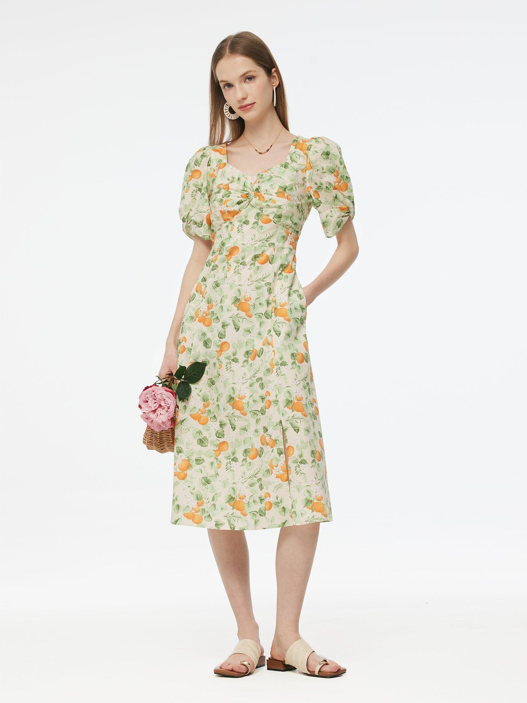 Cotton Floral Print Twist Front Women Midi Dress Product Image