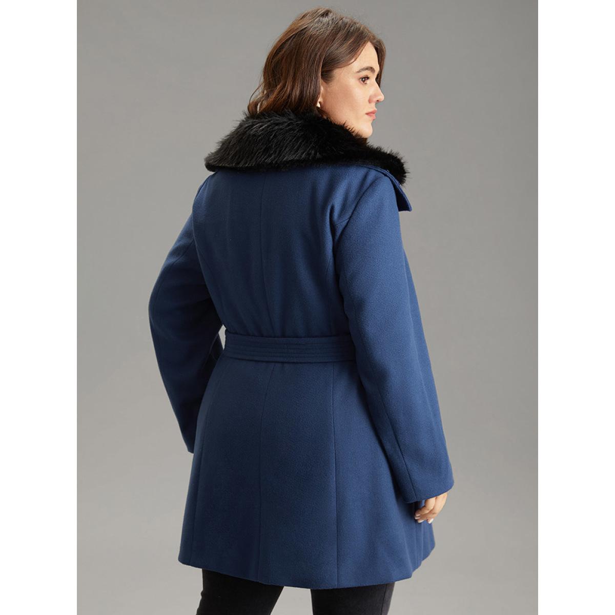 Plus Size Plain Fuzzy Trim Zipper Belted Coat Women DarkBlue Casual Lined Ladies Dailywear Winter Coats BloomChic 30/6X Product Image