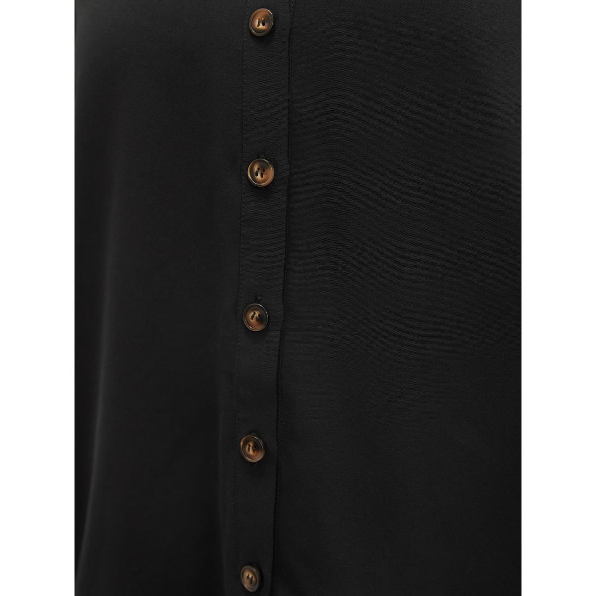 Plus Size Black Solid Lace Trim Button Up Laser Cut Puff Sleeve Blouse Women Elegant Short sleeve V-neck Everyday Blouses BloomChic 10/M Product Image