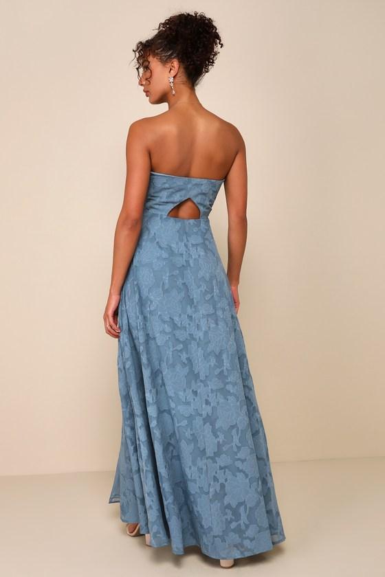 Garden of Romance Dusty Blue Floral Burnout Strapless Maxi Dress Product Image