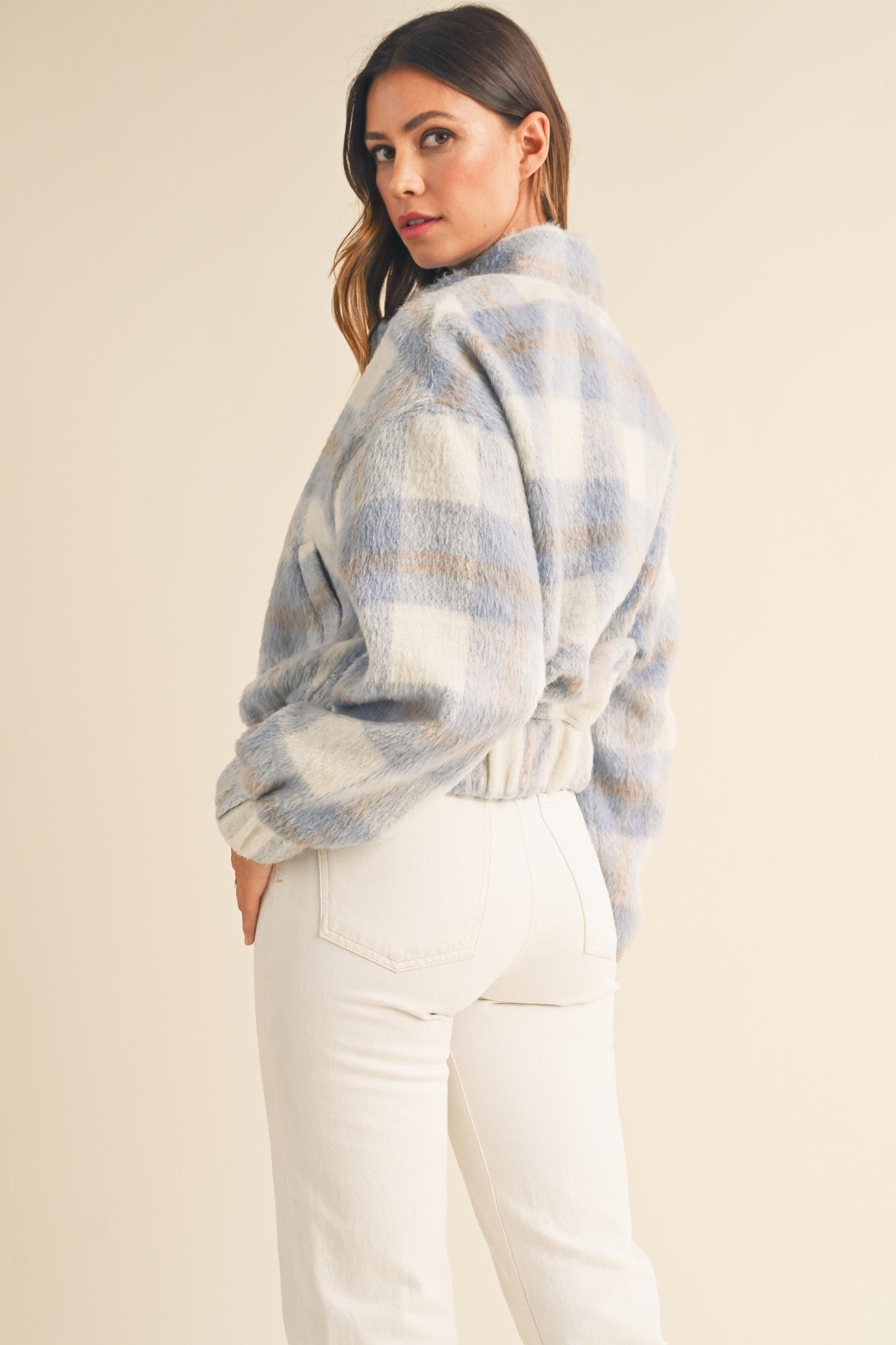 Fuzzy Plaid Bomber Jacket Product Image