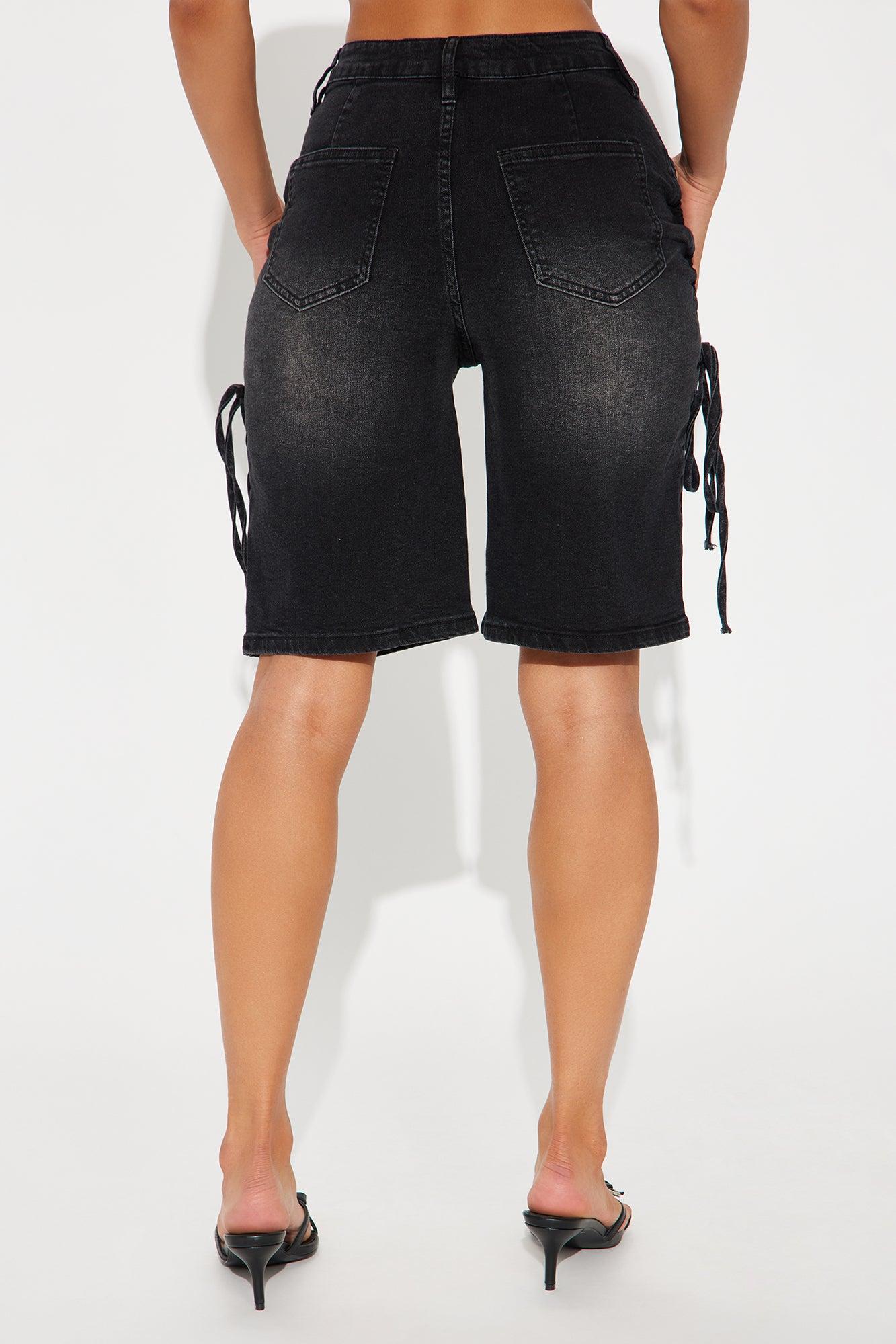 Ryanna Ruched Denim Bermuda Shorts - Black Wash Product Image