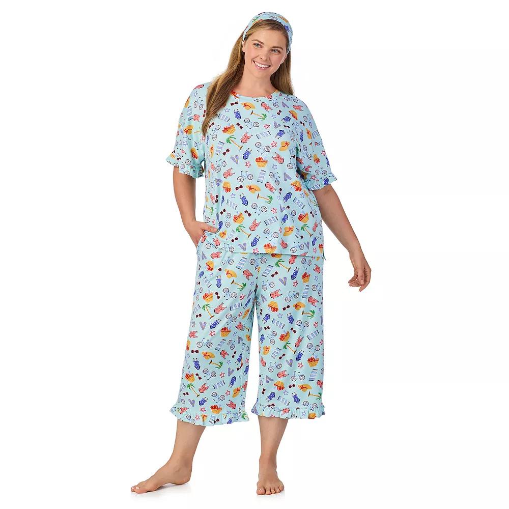 Plus Size Cuddl Duds® 3-Piece Short Sleeve Pajama Top, Cropped Pajama Pants & Headband Set, Women's, Size: 3XL, Green Vacation Product Image