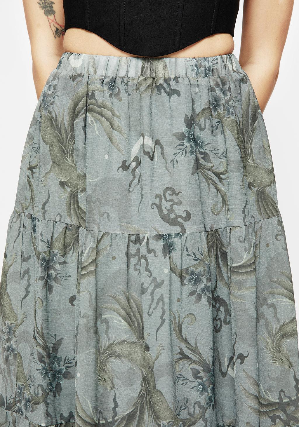 Sapphira Dragon Print Chiffon Tiered Maxi Skirt Product Image