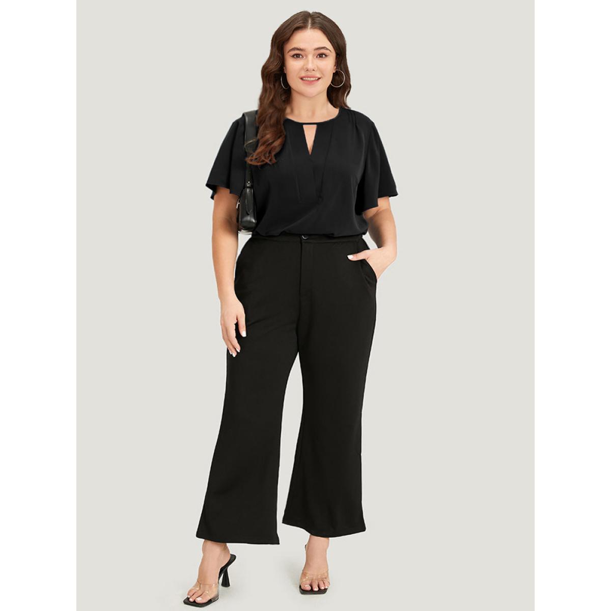 Plus Size Black Plain Cut Out Flutter Sleeve Pleated Blouse Women Office Short sleeve V-neck Work Blouses BloomChic 28/5X Product Image