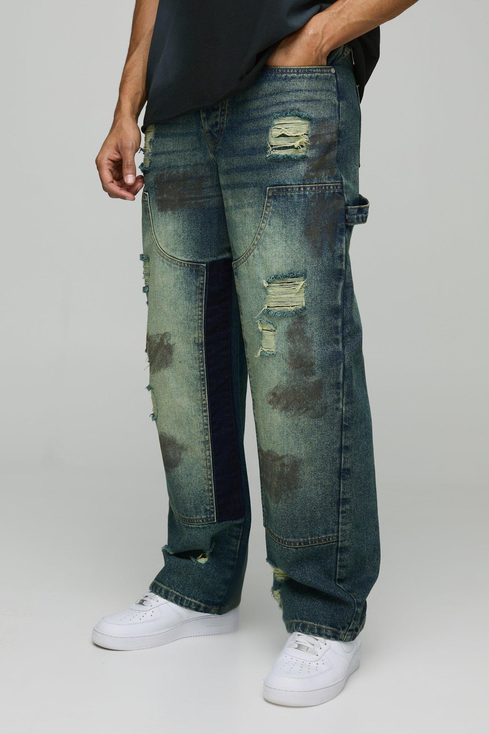 Relaxed Rigid Ripped Dirty Wash Carpenter Denim Jeans | boohooMAN USA Product Image
