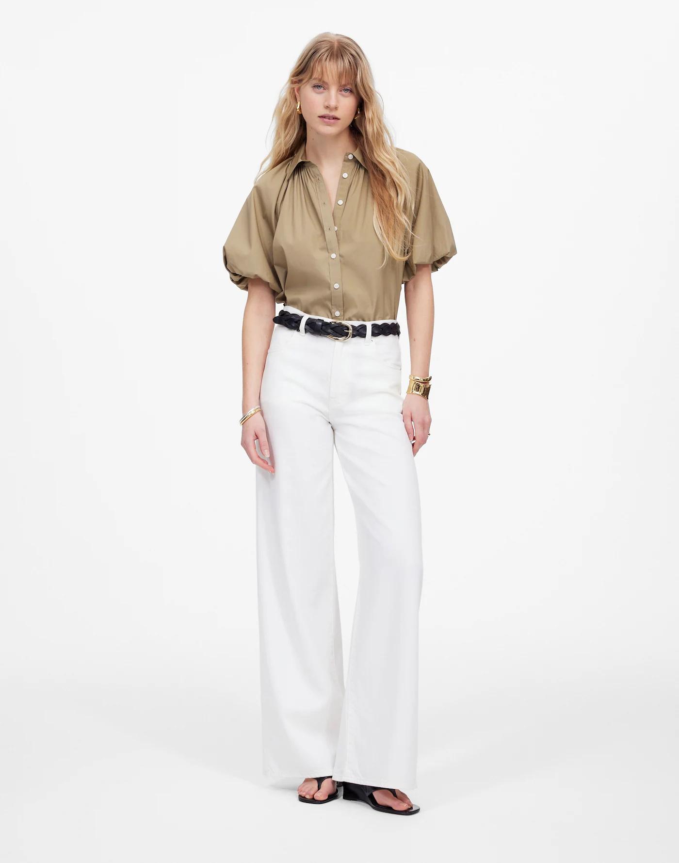 Shirred Bubble-Sleeve Button-Up Shirt Product Image